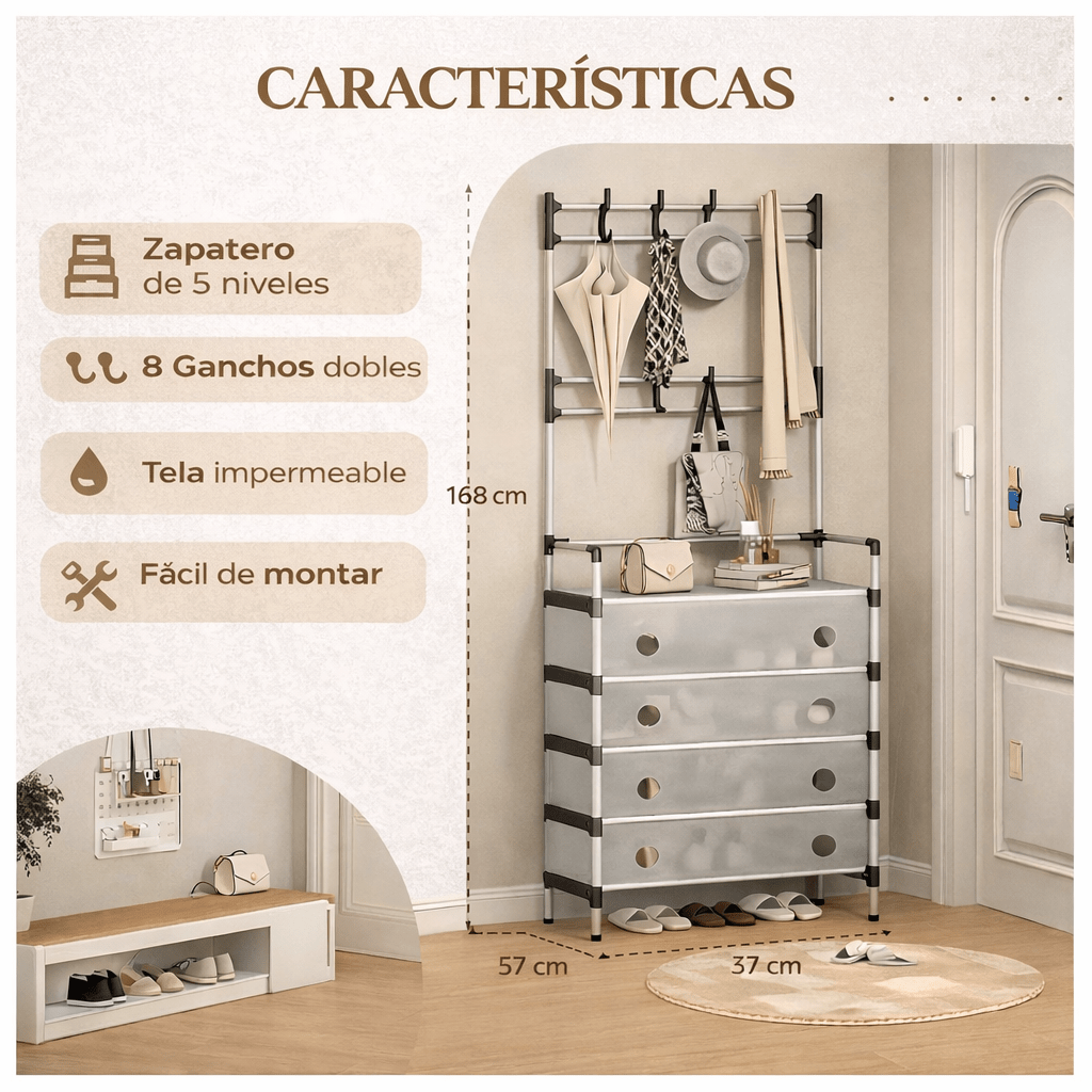 Zapatero 5 Niveles con Perchero – Antipolvo + Envío Gratis