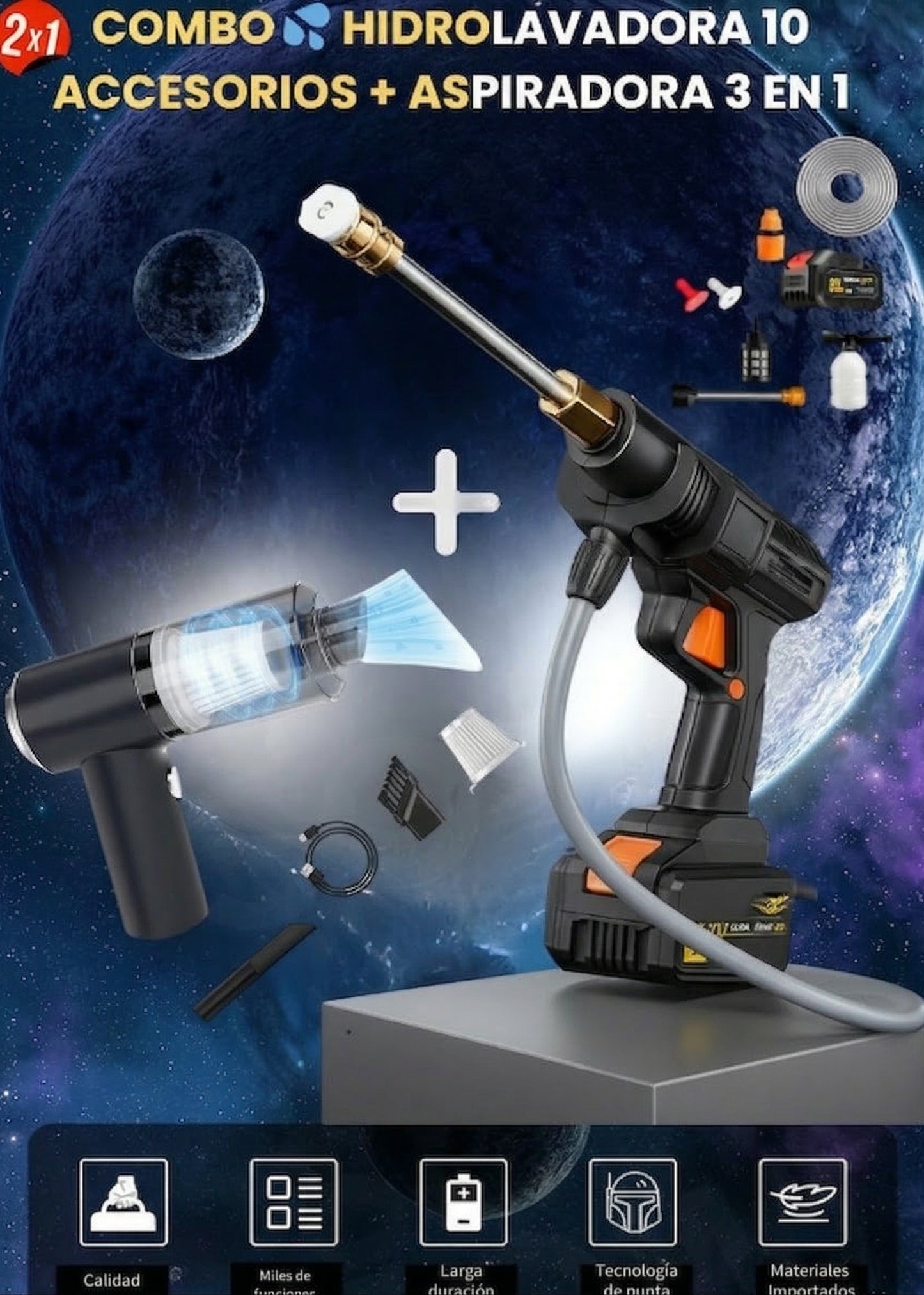 💦COMBO HIDROLAVADORA 10 ACCESORIOS + ASPIRADORA 3 EN 1