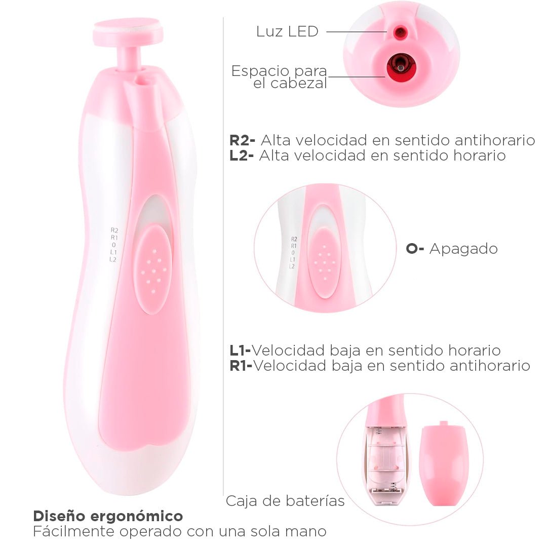 Kit cortaúñas eléctrico, lima eléctrica para bebés con cabezales intercambiables