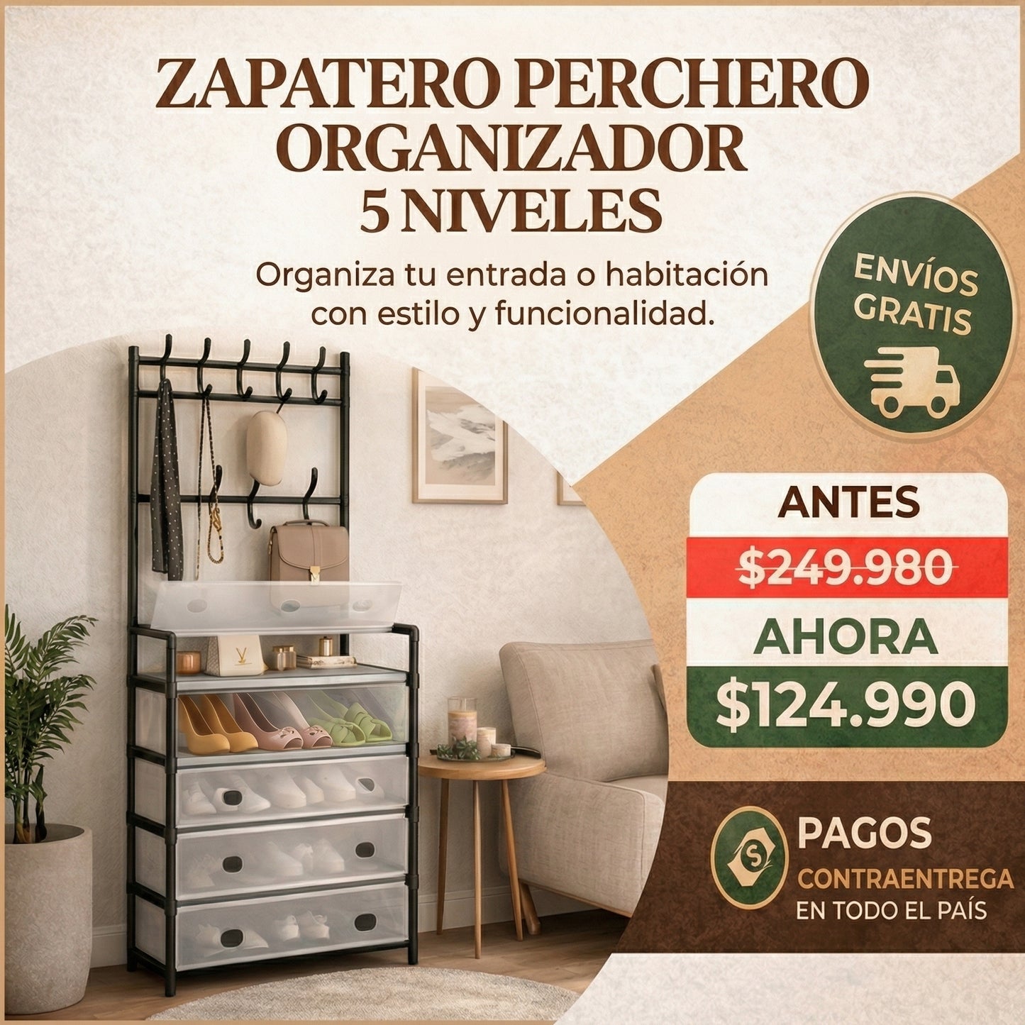 Zapatero 5 Niveles con Perchero – Antipolvo + Envío Gratis